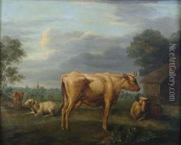 Cattle And A Sheep In A Landscape Before A Barn Oil Painting - Jan van Gool