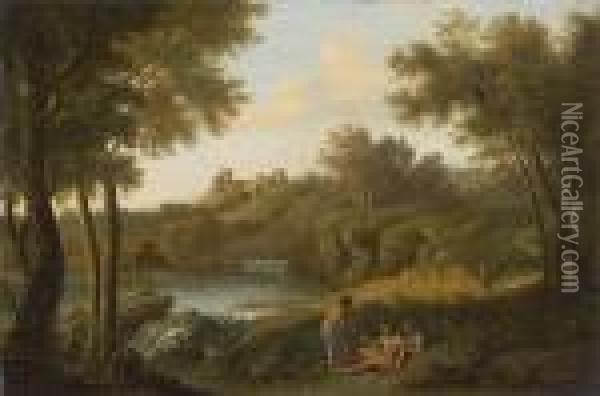 Sudliche Landschaft Mit Wasserfall
 Und Figurenstaffage. Oil Painting - Gaspard Dughet Poussin