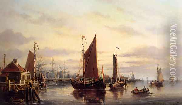 A View Of The IJ, Amsterdam, With Various Shipping Near Het Slagthuys Oil Painting - Johannes Hilverdink