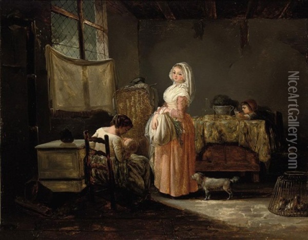 Women And Children In A Kitchen Interior Oil Painting - Marc Antoine Bilcoq