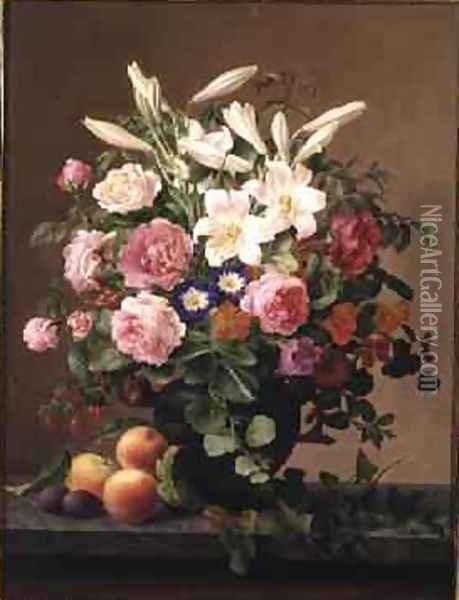 Still Life with Flowers and Fruit Oil Painting - V. Hoier