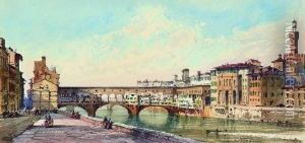 Florenz - Blick Auf Den Ponte Vecchio. Oil Painting - Giulio Cavelli