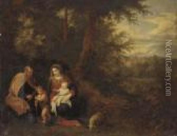 A Wooded Landscape With The Holy Family With The Infant Saint John The Baptist Oil Painting - Balthasar Beschey