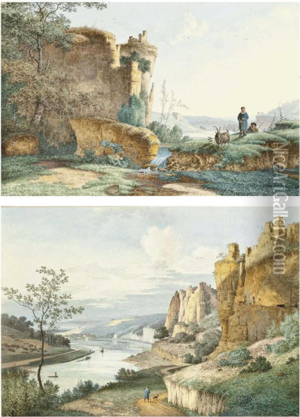 A View On The Elbe With A Herdsman And His Goat Beside A Waterfall, Ruins Beyond Oil Painting - Christian Heinrich Kniep
