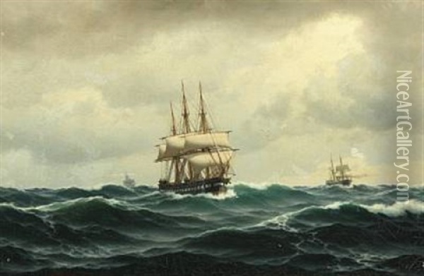 En Seilfregat For The Wind I Nordsoen, Stiv Kuling Oil Painting - Carl Emil Baagoe
