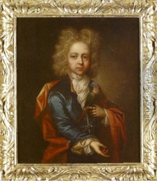 Portrait Of A Young Boy, In A Blue Coat With A Red Cloak Holding A Parakeet Oil Painting - William Gandy