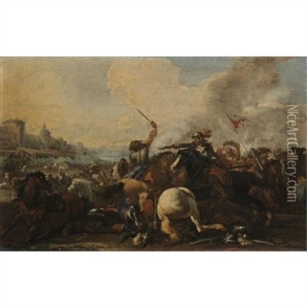 A Cavalry Battle Before A Fortified Town Oil Painting - Jacques Courtois
