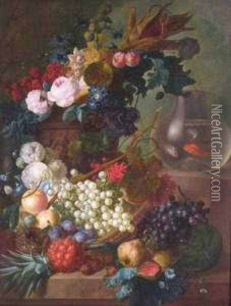 Still Life Of Grapes, Quince, 
Fig, Melon, Medlar, Pineapple, Peaches, Plums, Raspberries, Sweetcorn, 
Poppies, Roses, Hollyhocks, Morning Glory, Eryngium, Auricula, A Bird's 
Nest, All On A Ledge And In An Urn Sculpted With Bas Reliefs, A Goldfish
 B Oil Painting - Jan van Os