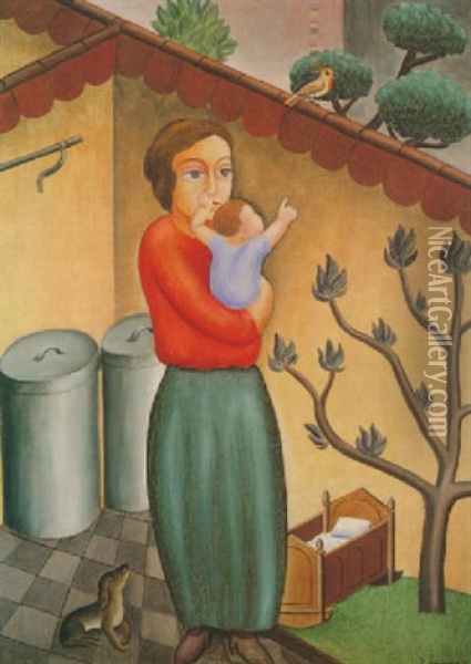 Mutter Und Kind (im Hof) Oil Painting - Georg Schrimpf