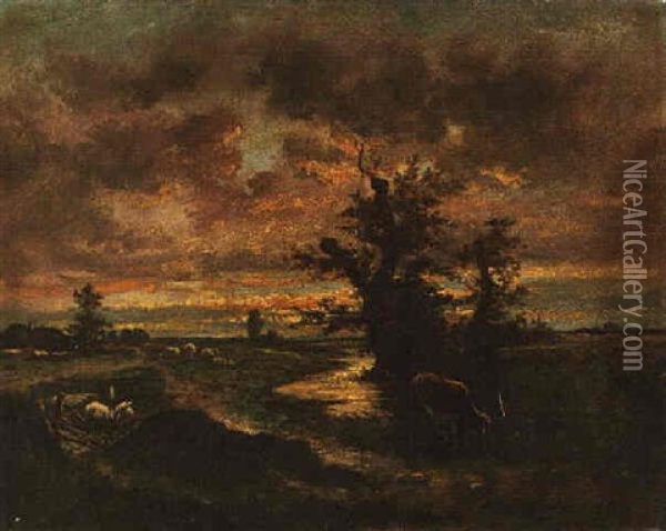 A Brooding Landscape With Cows And Sheep Oil Painting - Jules Dupre