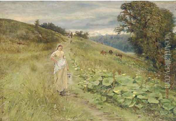 A milkmaid in a meadow Oil Painting - Robert Jobling