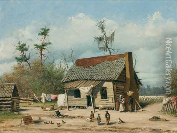 Cabin Scene With Children, Animals & Cotton Field Oil Painting - William Aiken Walker
