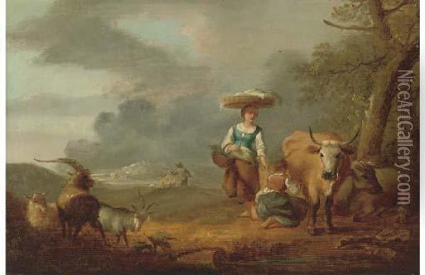 A Milkmaid With A Cow Oil Painting - Hendrick Mommers