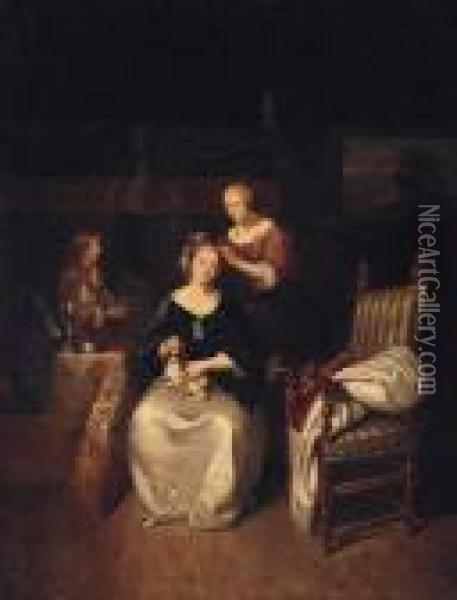 A Lady Seated In An Interior With A Spaniel On Her Lap, A Servanttending Her Hair Oil Painting - Caspar Netscher