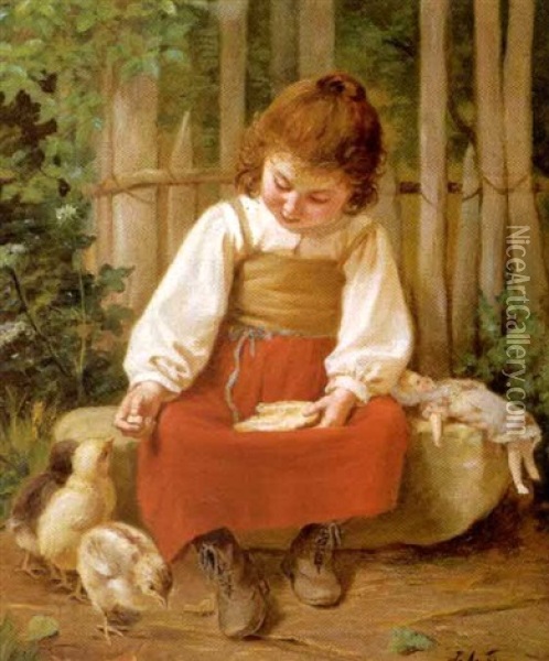 Petite Fille Donnant A Manger A Des Poussins Oil Painting - Joseph Athanase Aufray