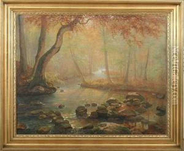Stream And Haze Sunlight Among Trees Oil Painting - Peter Busch
