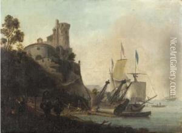 A Mediterranean Port Scene With A Ship Being Caulked Oil Painting - Adriaen Van Der Kabel