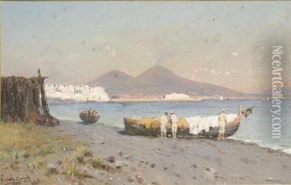Veduta Di Napoli Con Pescatori E Barche A Riva Oil Painting - Francesco Coppola Castaldo