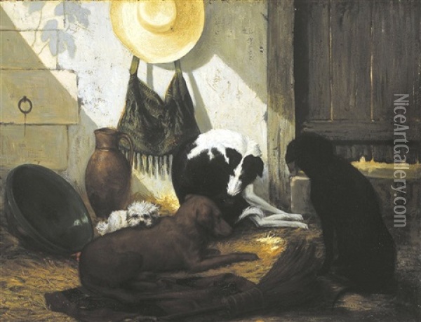 Tafereel Met Vier Honden Oil Painting - Joseph (Edouard J.) Stevens
