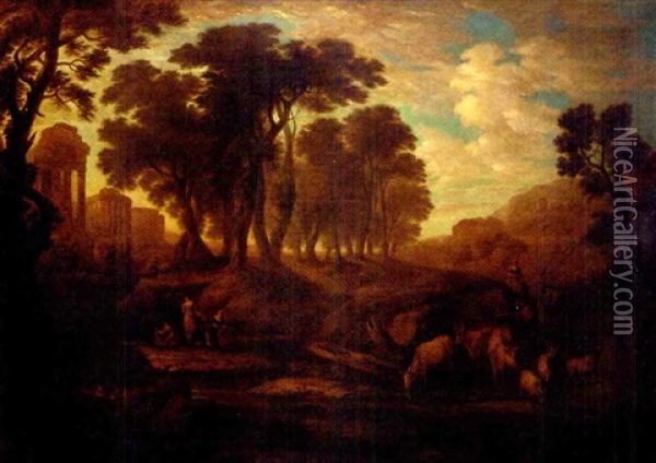 An Extensive Wooded Landscape With Figures And Cattle On A Track, Classical Ruins Beyond Oil Painting - Claude Lorrain