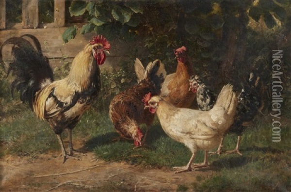 The Chicken Farm Oil Painting - Johann Baptist Hofner
