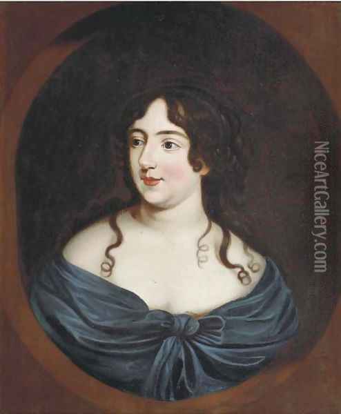 Portrait of a lady, half-length, in a blue dress, in a feigned oval Oil Painting - Mary Beale