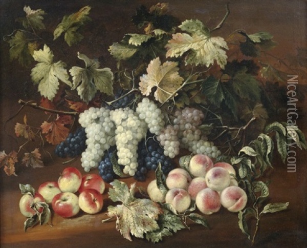 Stilleben Mit Weisen Und Roten Weintrauben, Blattern Sowie Pfirsichen Und Apfeln Oil Painting - Giovanni Battista Ruoppolo