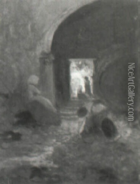 Peasant Women Under A Covered Doorway... Oil Painting - Oscar Ricciardi