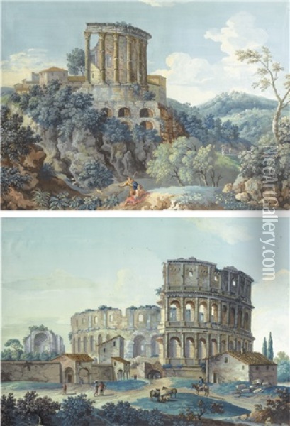 Vue Du Colisee Vue Du Temple De Vesta A Tivoli Oil Painting - Giovanni Battista Busiri