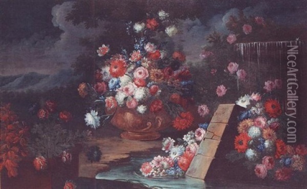 Vase De Fleurs Et Fleurs Sur Le Bord D'une Piece D'eau Oil Painting - Gasparo Lopez