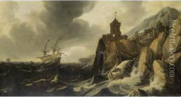 A Stormy Coastal Seascape With Ships On The Rocks Before A Town Oil Painting - Hendrick Dubbels
