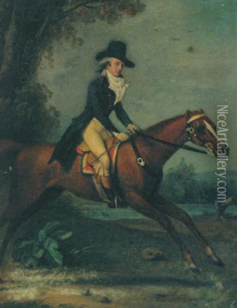 Portrait Of Gaston De Grieu, In A Grey Coat And Brown Breeches, On A Chesnut Horse, In A Landscape Oil Painting - Jacques-Laurent Agasse