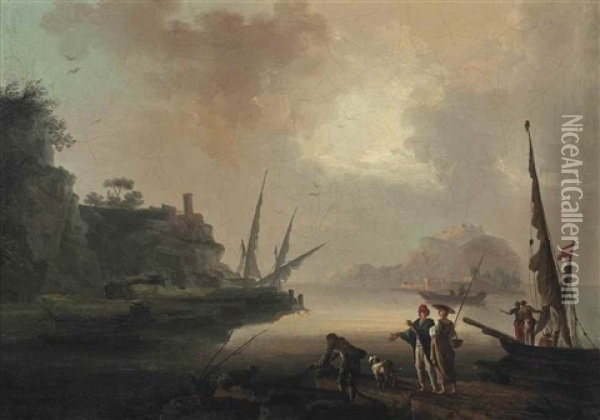 A Mediterranean Harbour Scene, With Fishermen On The Shore And Boats Beyond Oil Painting - Francesco Fidanza