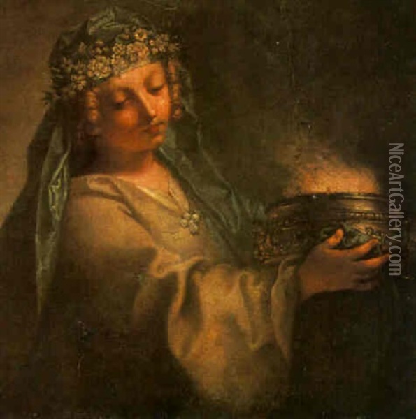 A Lady Dressed As A Vestal Virgin (madame Francois Perchington?) Oil Painting - Jean Raoux