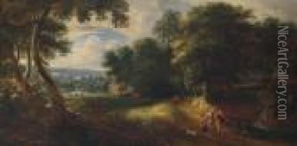 An Extensive Wooded Landscape With Venus And Adonis Oil Painting - Jaques D'Arthois