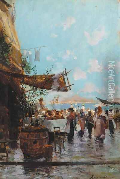 A market by the bay of Naples with mount Vesuvius beyond Oil Painting - Oscar Ricciardi
