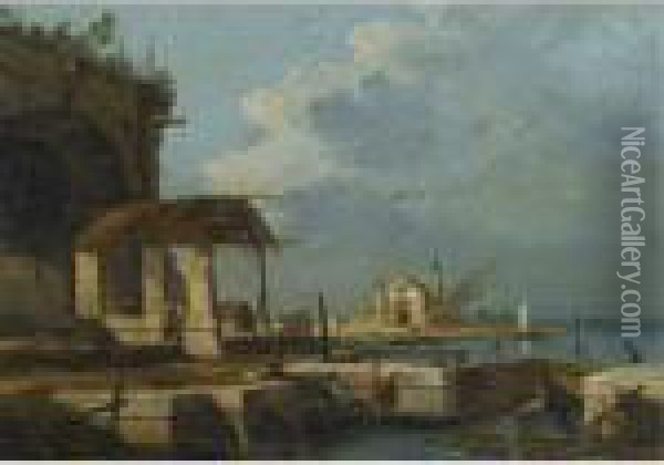 A Capriccio Of The Venetian Laguna With A Church In The Distance Oil Painting - Giovanni Ghisolfi