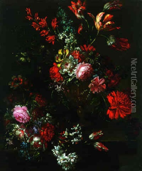 Tulips, Roses, Carnations And Other Flowers In A Vase On A Ledge Oil Painting - Bartolome Perez