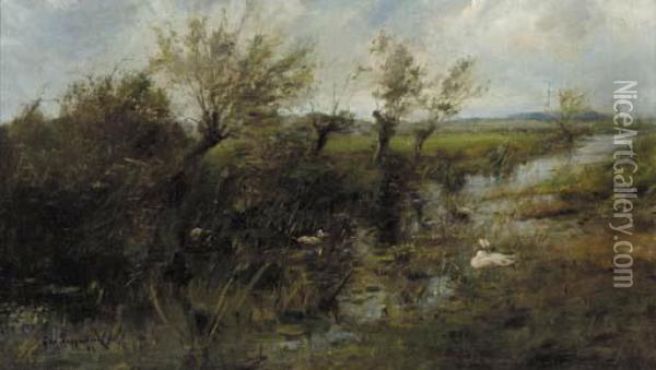 A Polder Landscape With Ducks On A Riverbank Oil Painting - Geo Poggenbeek