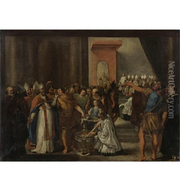Constantine Burning The Arian Books At The First Council Of Nicaea Oil Painting - Carlo Magnoni