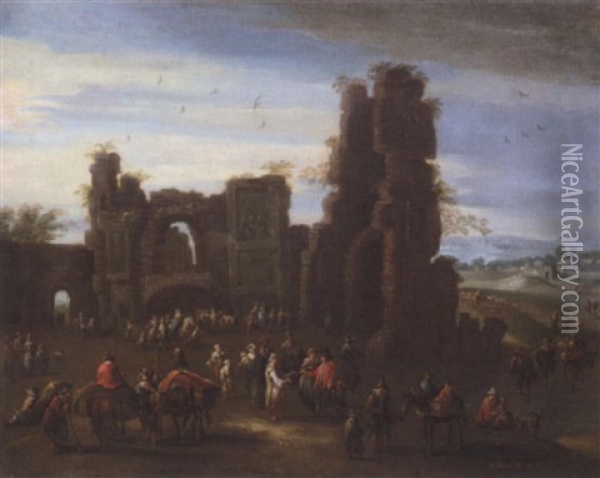 A Landscape With Travellers And Peasants Before Ruins Oil Painting - Mathys Schoevaerdts