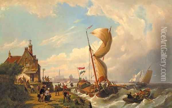 Passengers boarding a barge at the Goeser veerhuis with Goes in the distance Oil Painting - Pieter Christiaan Cornelis Dommersen