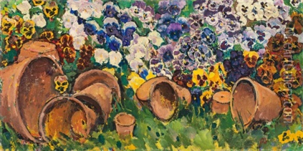 Pansies With Flower Pots Oil Painting - Koloman (Kolo) Moser