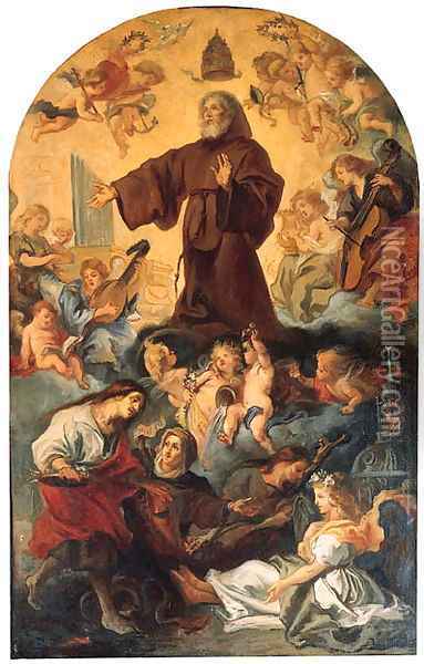 Saint Francis of Paula in Glory, attended by Angels and Saints, in a painted arch Oil Painting - Theodor Van Thulden