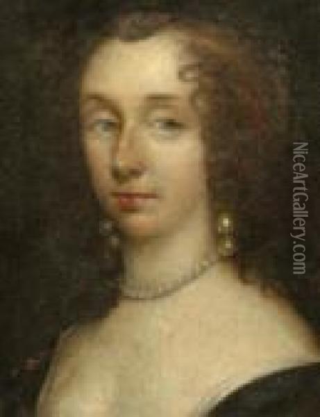 Portrait Of A Young Woman, Head And Shoulders,wearing Pearl Earnings And Necklace Oil Painting - Sir Peter Lely