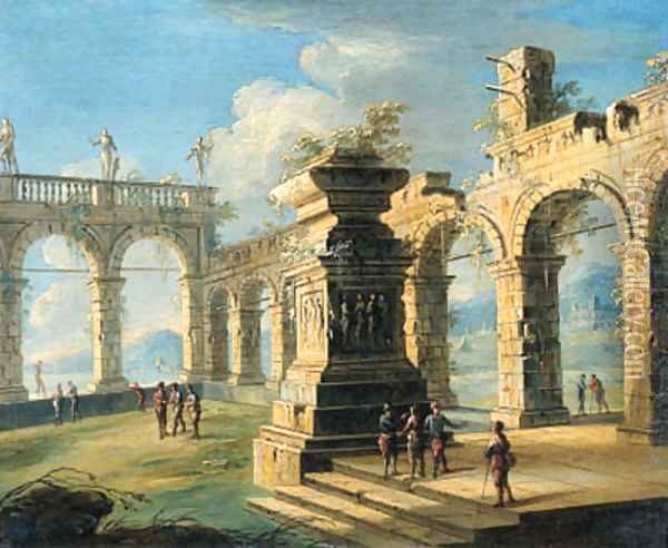 An architectural capriccio with classical ruins and figures Oil Painting - Gennaro Greco