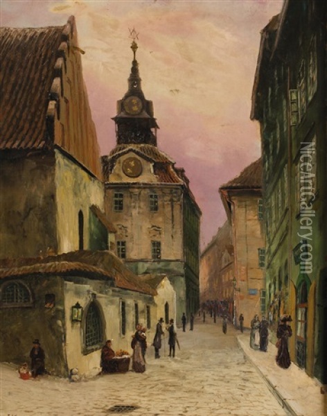 Blick Auf Die Altneusynagoge Und Das Judische Rathaus Oil Painting - Jan B. Minarik
