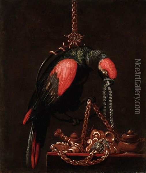 A Parrot Holding A String Of Pearls In Its Beak; And A Parrot Holding Jewellery In Its Beak Oil Painting - Andrea Scacciati
