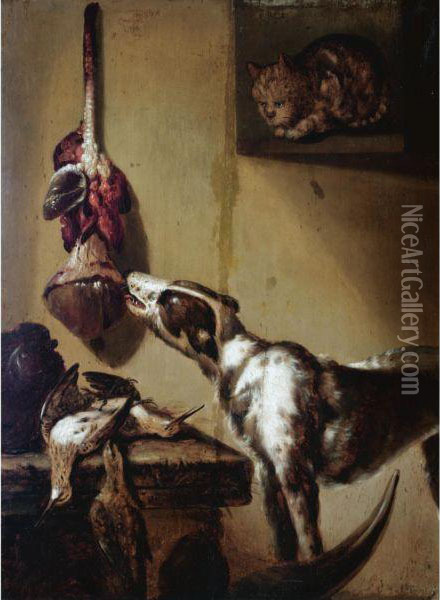A Kitchen Interior With A Dog Tasting Meat Hanging From The Wall Oil Painting - Petrus Schotanus