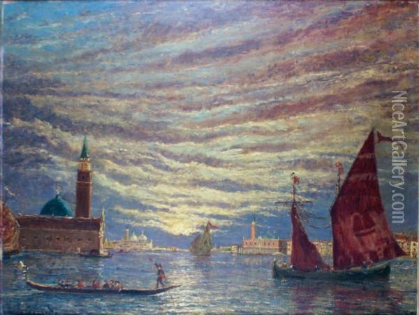 Venise, Les Gondoles A L'entree Du Grand Canal Sous Le Soleil Couchant Oil Painting - Henry Gerard